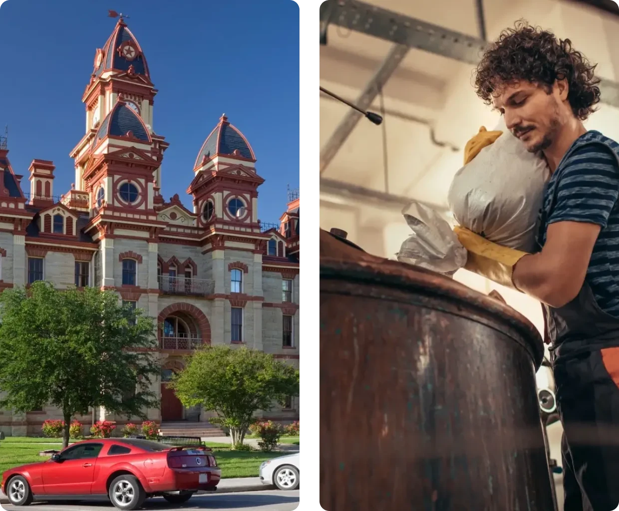 Historic building and man working in factory.